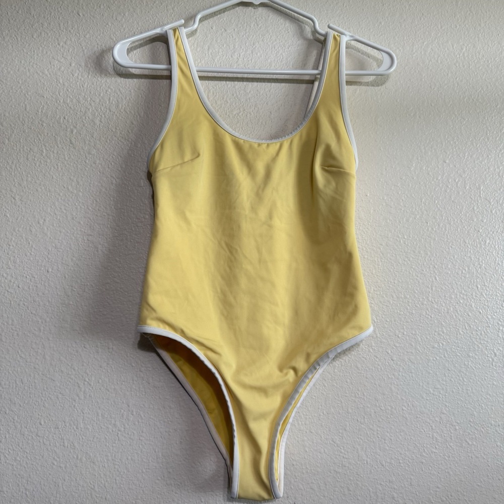 H&M High Leg Swim Suit Womens Small One Piece Butter Yellow White Trim Swimwear